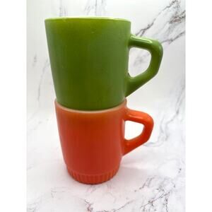 Vintage Fire King Mugs Retro Orange Avocado Green Stackable Milk Glass Mugs (2)